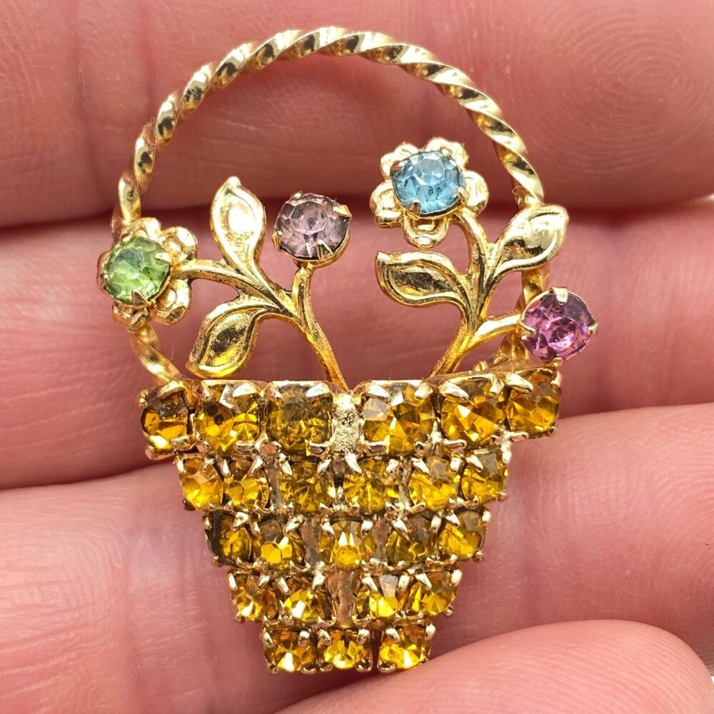 Vintage Gold Tone Floral Basket Brooch Multicolor Rhinestones